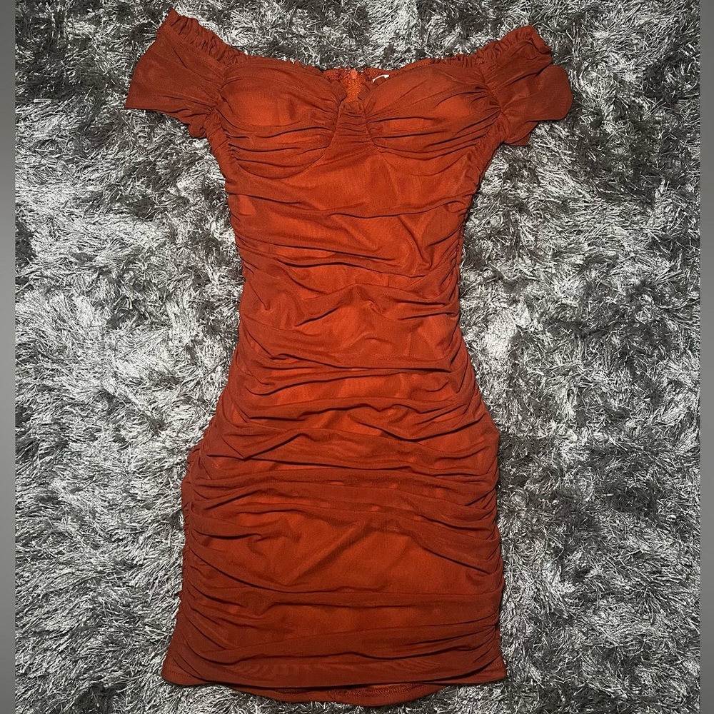 Burnt orange ruched dress